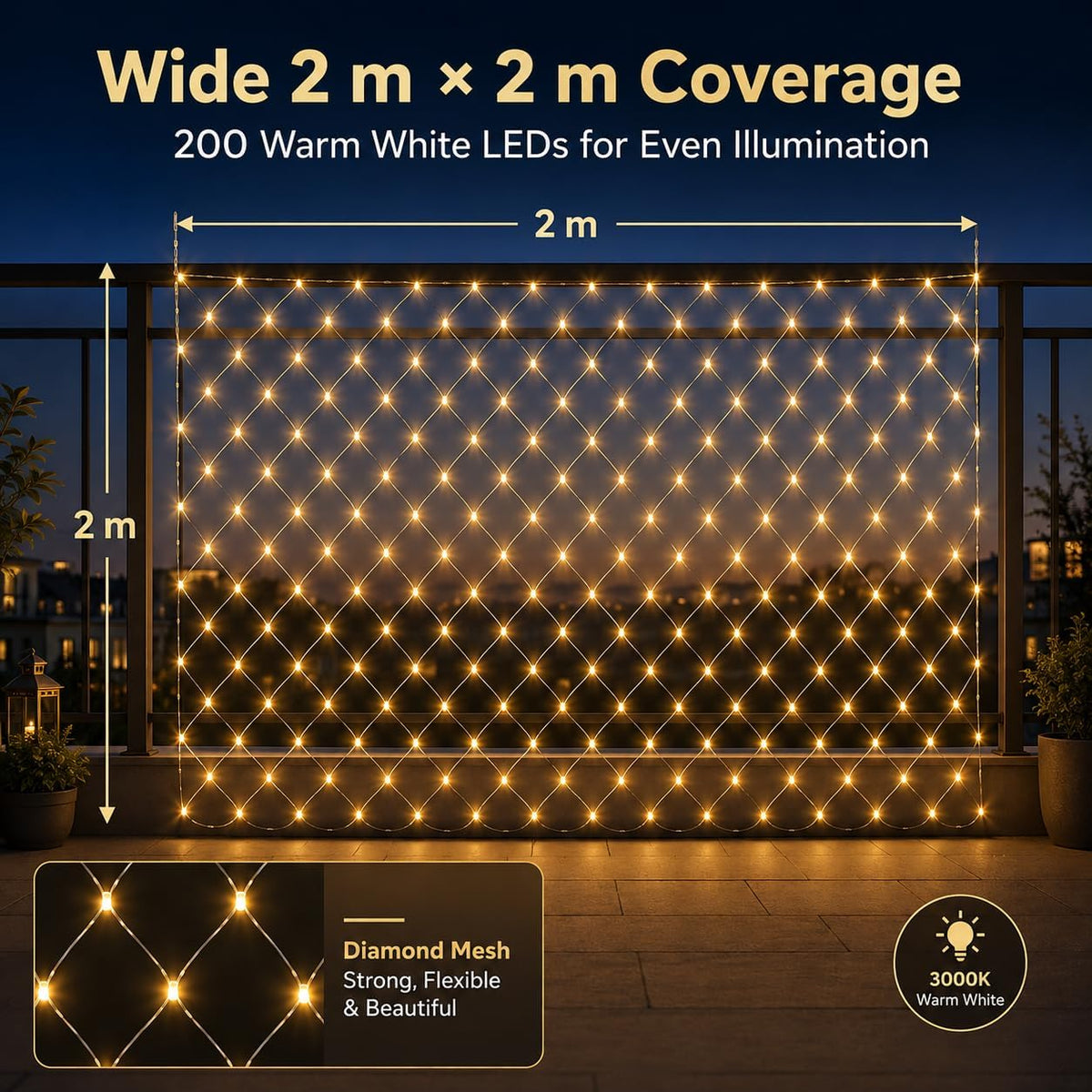 FLYNGO Net Mesh Curtain Fairy Lights for Decoration, 200 LED with 8 Modes Remote, Warm White Decorative Lights for Home Decor, Room, Wall, Balcony, Wedding, Party, Christmas, Diwali Decoration- 6x6 Ft