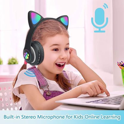 Kids Cat-Ear Bluetooth Headphones (LED, Mic,Wireless)