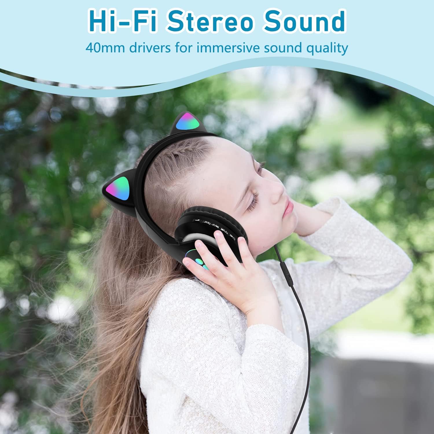 Kids Cat-Ear Bluetooth Headphones (LED, Mic,Wireless)