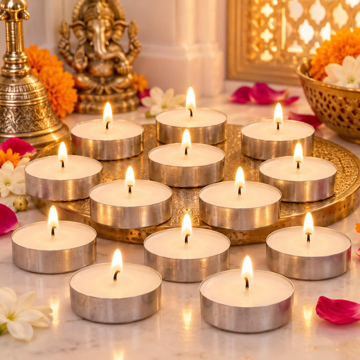 Divayanshi Wax Tea Light Candles | Scented & Decorative Tealight Candles for Home Decor, Diwali, Puja, Wedding, Birthday, Party & Romantic Candlelight Decoration- Pack of 50