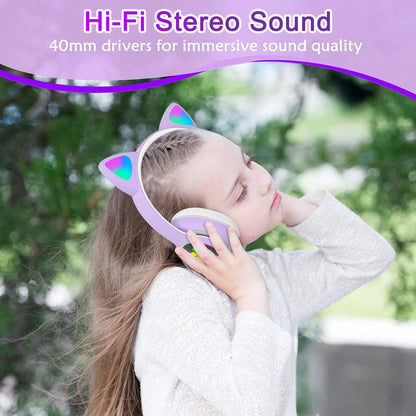 Kids Cat-Ear Bluetooth Headphones (LED, Mic,Wireless)