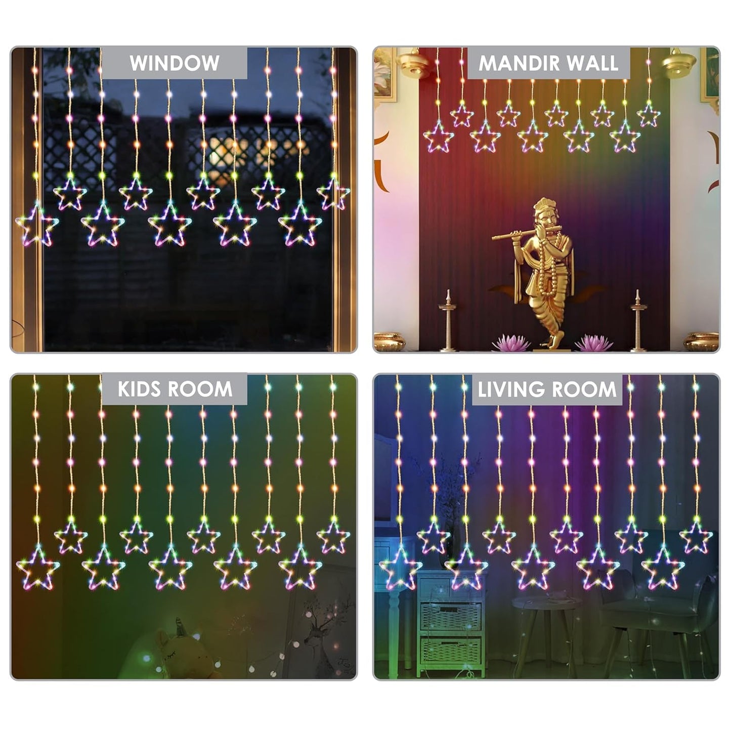 Qshare Neon Star String Lights - 5 Big and 5 Small Stars, Decorative LED Curtain Lights with 8 Flash Modes for Home, Balcony, Wall, Cafe, Indoor Outdoor Use, Festival & Celebration Decor (Multi)