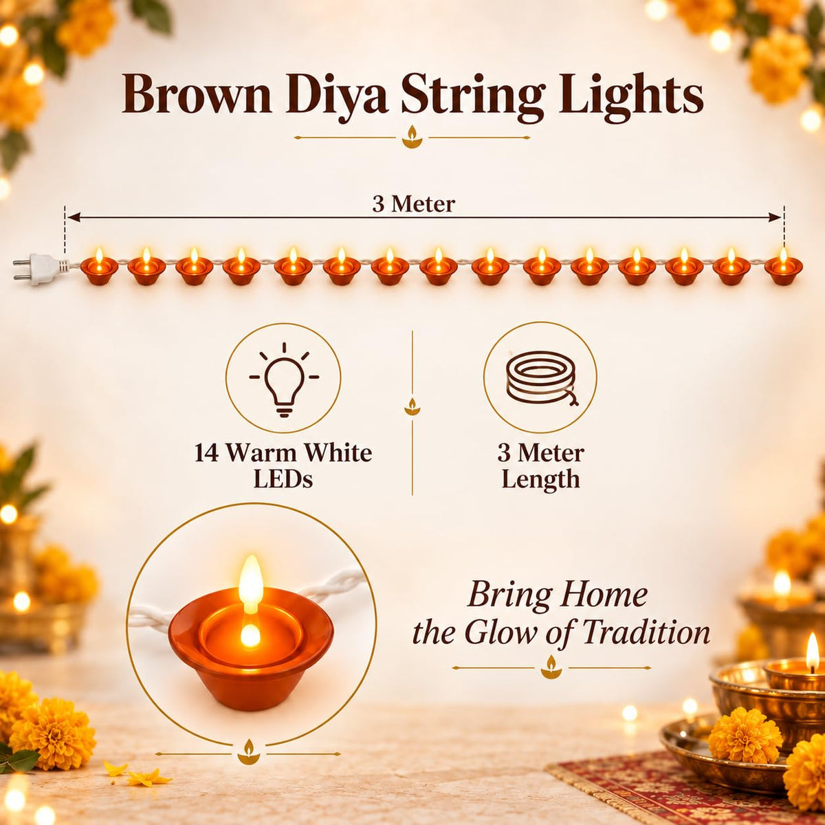 One94Store Brown Diya String Lights 3 Meter | 14 LED Decorative Lights for Diwali, Puja, Navratri, Christmas, Party & Home Décor | Warm White (Pack of 1)