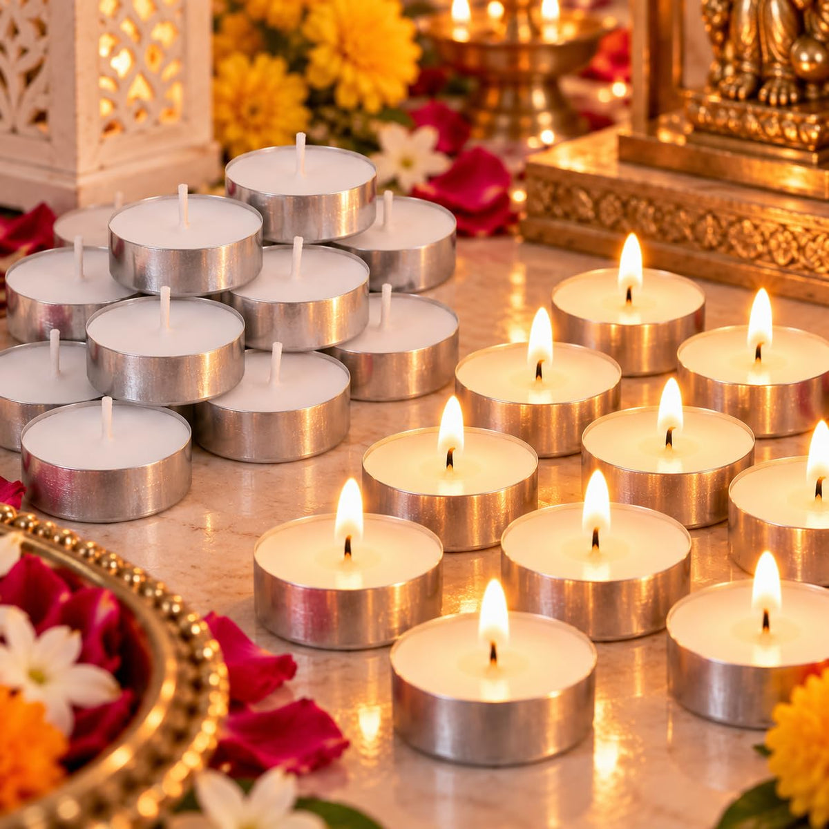 Divayanshi Wax Tea Light Candles | Scented & Decorative Tealight Candles for Home Decor, Diwali, Puja, Wedding, Birthday, Party & Romantic Candlelight Decoration- Pack of 50
