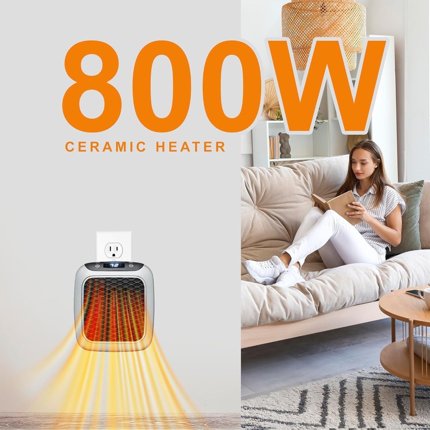 800 Convenient Wall Outlet Heater with Adjustable Thermostat Programmable 12 Hour Timer Auto Shut-Off - Mini Ceramic Heater Quiet and Space Saving