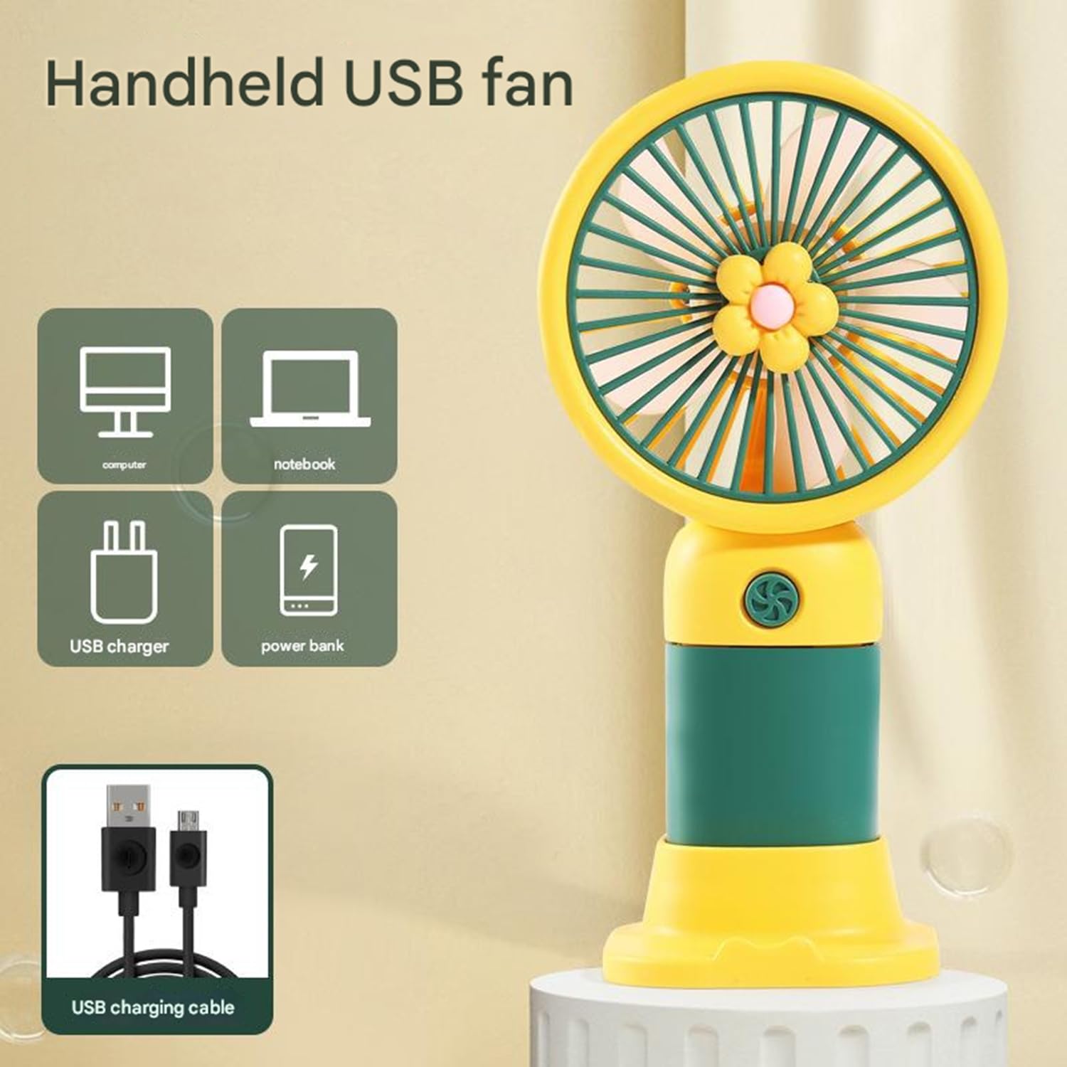 Spiaty Flower USB Rechargeable Handheld Mini Fan Outdoor Portable Small Electric Fan, Yellow