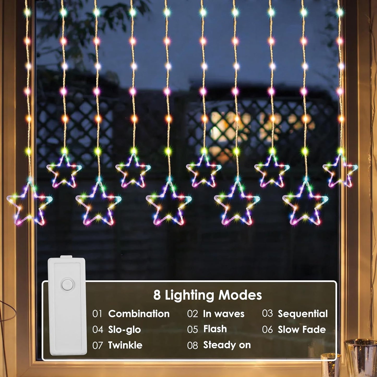 Qshare Neon Star String Lights - 5 Big and 5 Small Stars, Decorative LED Curtain Lights with 8 Flash Modes for Home, Balcony, Wall, Cafe, Indoor Outdoor Use, Festival & Celebration Decor (Multi)