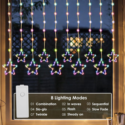 Qshare Neon Star String Lights - 5 Big and 5 Small Stars, Decorative LED Curtain Lights with 8 Flash Modes for Home, Balcony, Wall, Cafe, Indoor Outdoor Use, Festival & Celebration Decor (Multi)