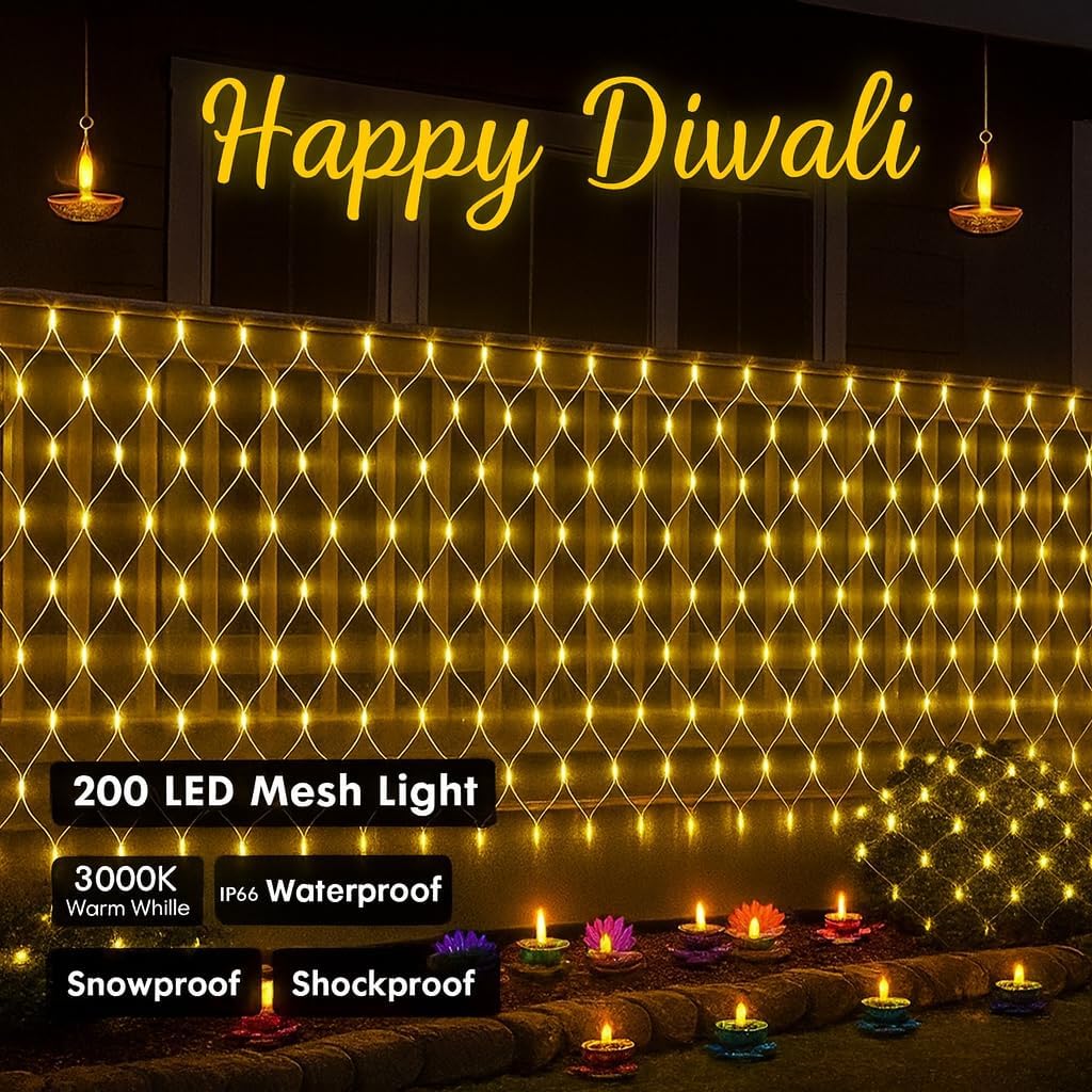 FLYNGO Net Mesh Curtain Fairy Lights for Decoration, 200 LED with 8 Modes Remote, Warm White Decorative Lights for Home Decor, Room, Wall, Balcony, Wedding, Party, Christmas, Diwali Decoration- 6x6 Ft