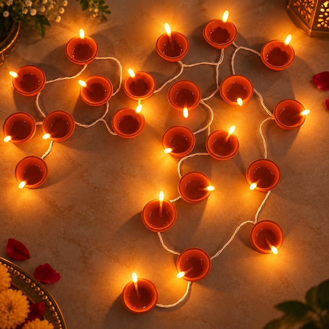 One94Store Brown Diya String Lights 3 Meter | 14 LED Decorative Lights for Diwali, Puja, Navratri, Christmas, Party & Home Décor | Warm White (Pack of 1)