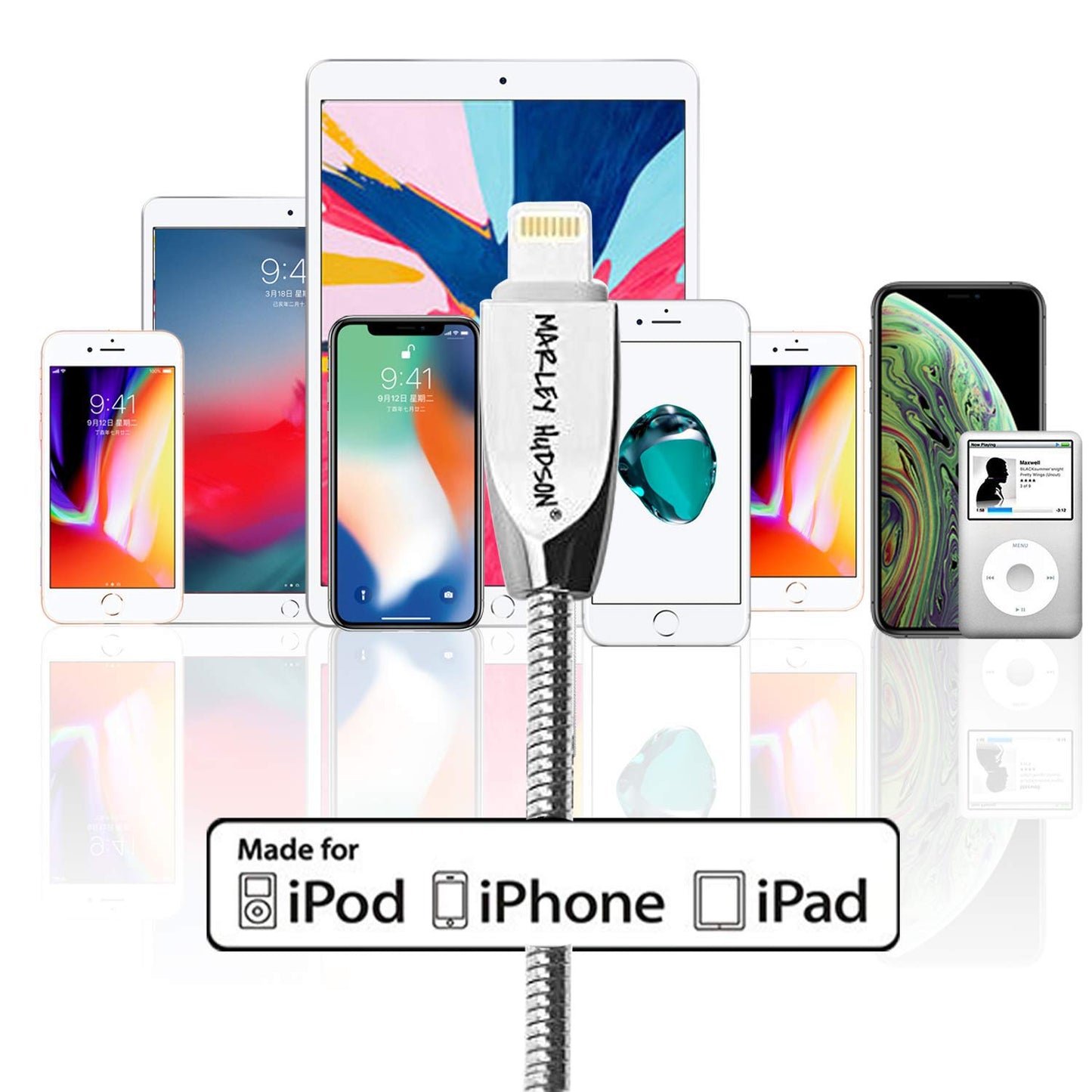 Marley Hudson Lightning USB Charging  Cable for iOS Devices (Silver) for Iphone / iPad