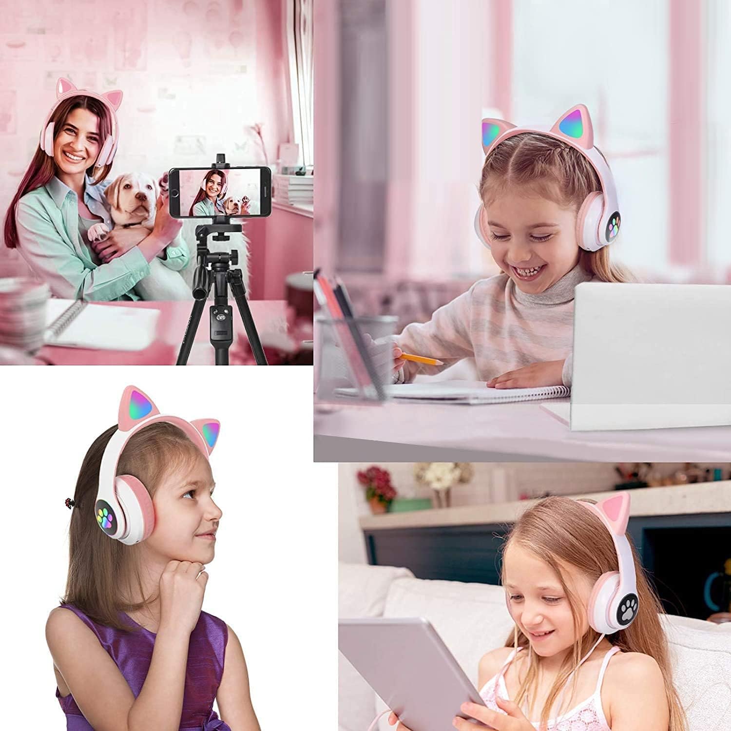 Kids Cat-Ear Bluetooth Headphones (LED, Mic,Wireless)