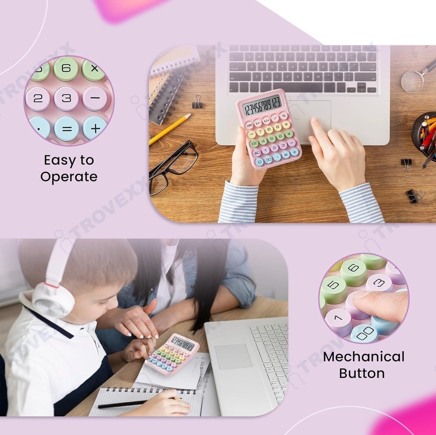 Cute Desktop Calculator with Large LCD Display, Soft Bubble Keys, GT & AC Buttons – Perfect for Study, Office & Home Use