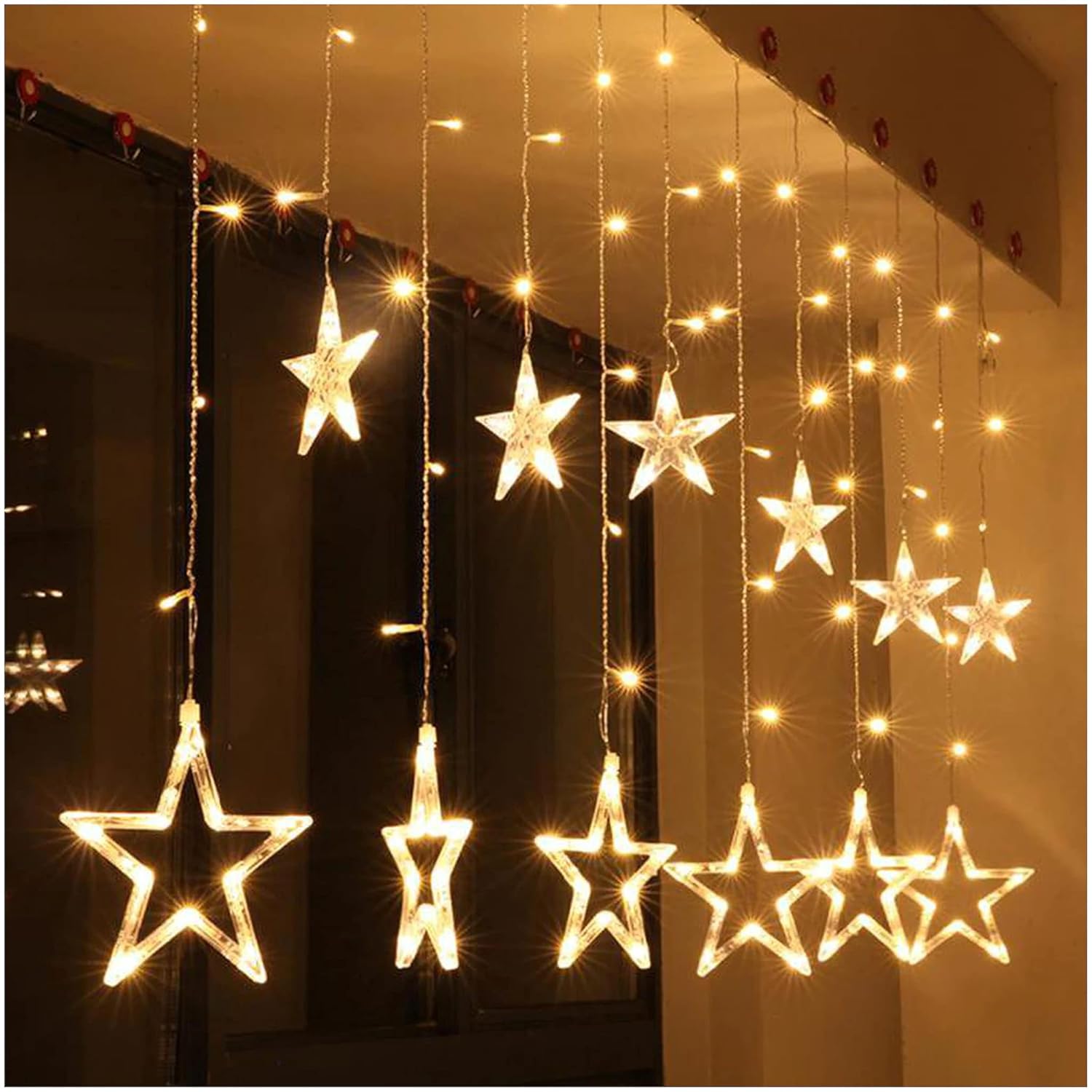 Diwali Delight: Warm White Star Curtain LED Lights (2.5m, 138LED, 6+6 Star) with 8 Flashing Modes - Perfect Decoration for Christmas, Weddings & Parties