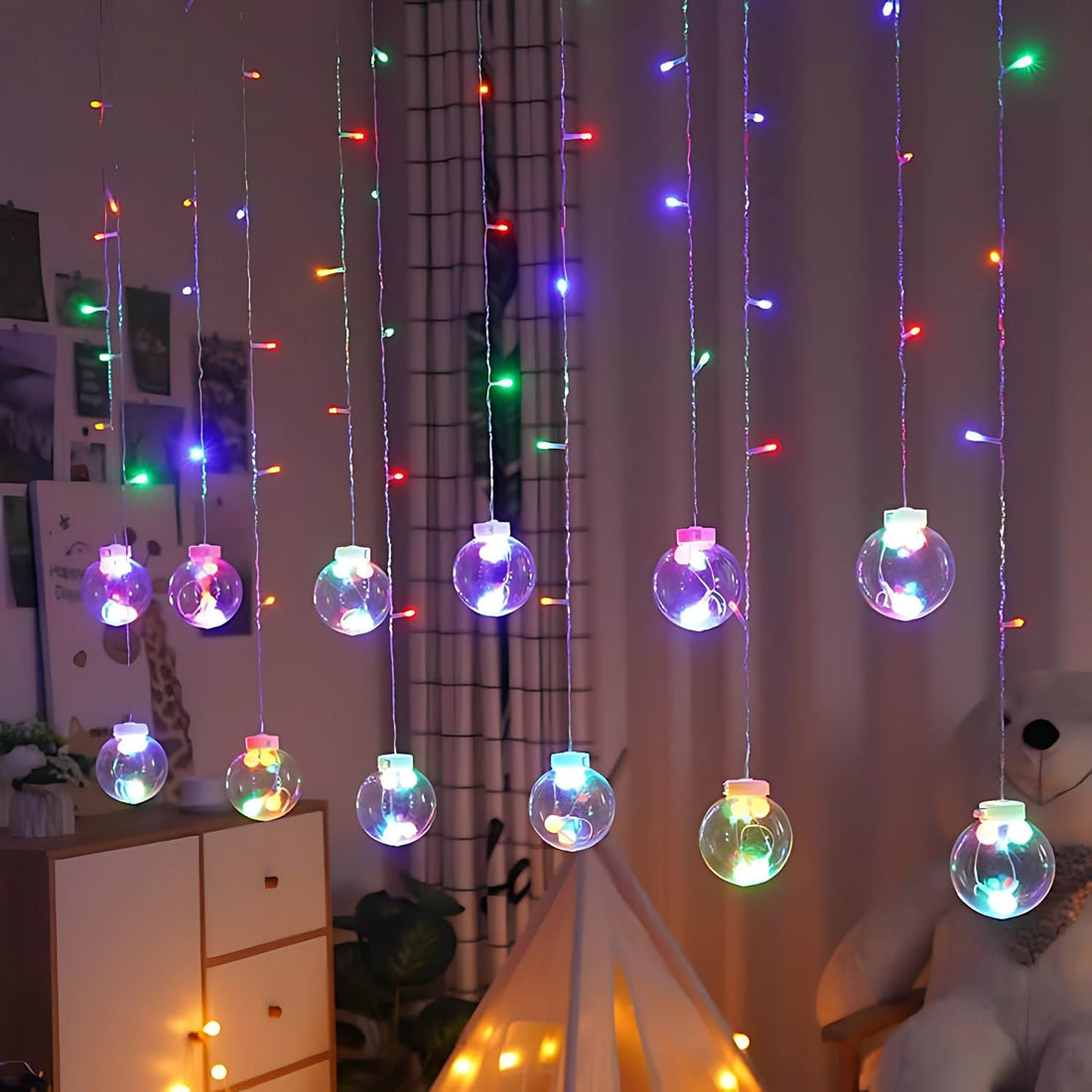 One94Store 12 Wish Ball Curtain LED String Lights – 3 Meter Multicolor Decorative Curtain with 108 LEDs, 8 Flashing Modes, Perfect for Window, Diwali & Festival Home Decoration