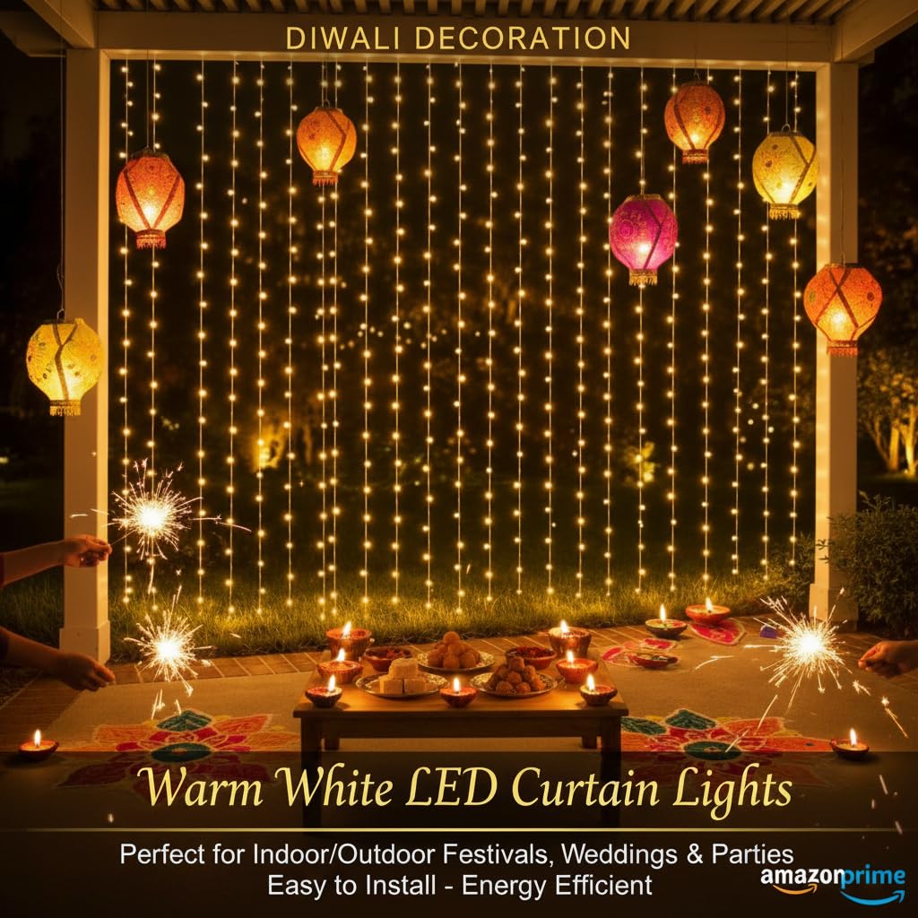 Warm Golden Waterfall Curtain LED String Lights  8-Mode AC Powered Decorative Curtain Lights