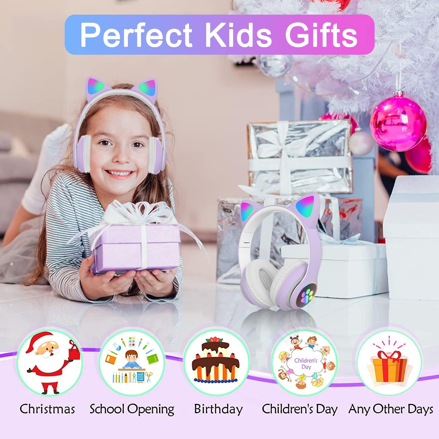Kids Cat-Ear Bluetooth Headphones (LED, Mic,Wireless)