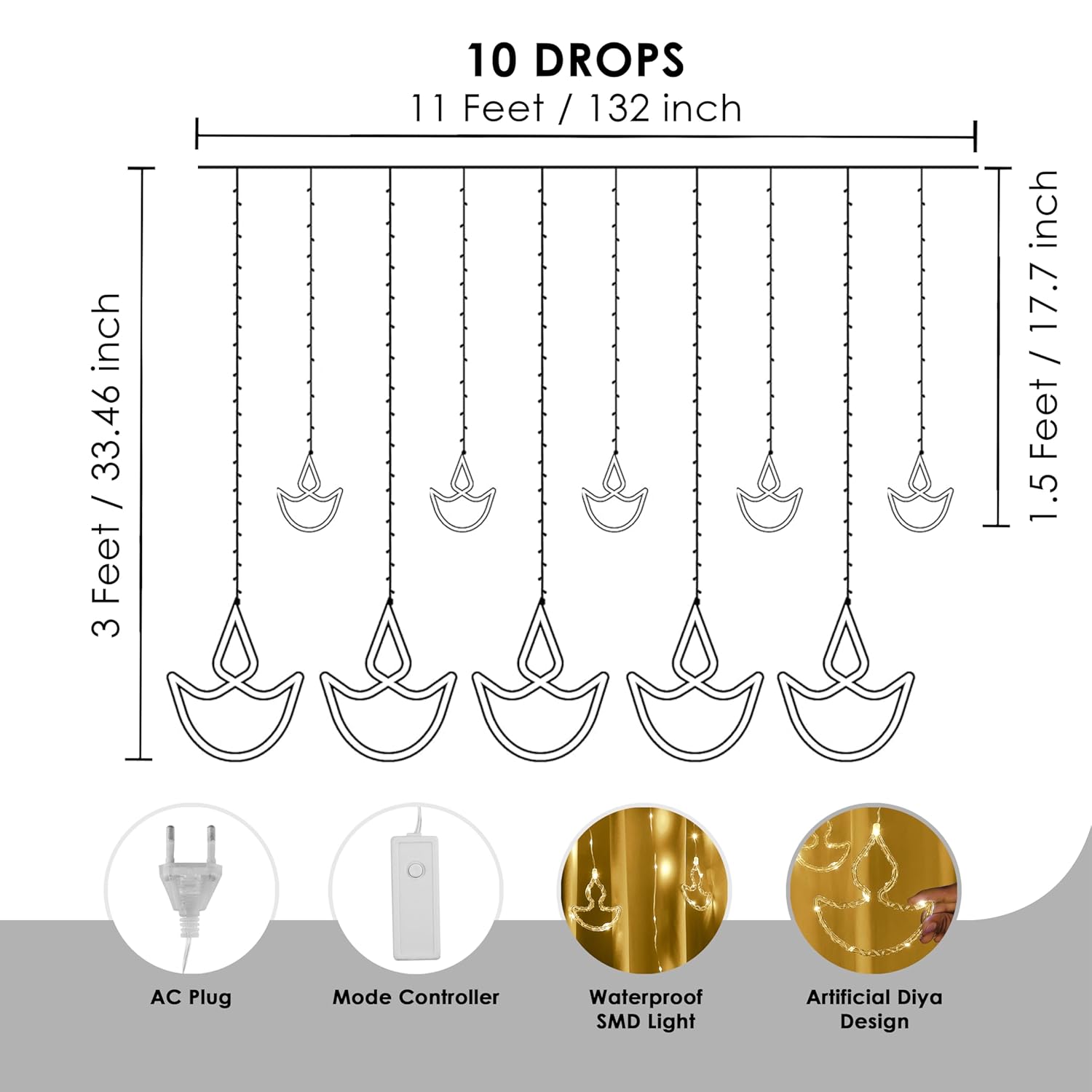 Gesto 10 Diya Curtain Lights – 111 SMD LED Warm White Fairy Lights with 8 Flashing Modes | AC Powered Diya Lights for Home,Balcony,Mandir, Pooja Room,Wedding,Diwali Decoration & Festival Decor (11 Ft)