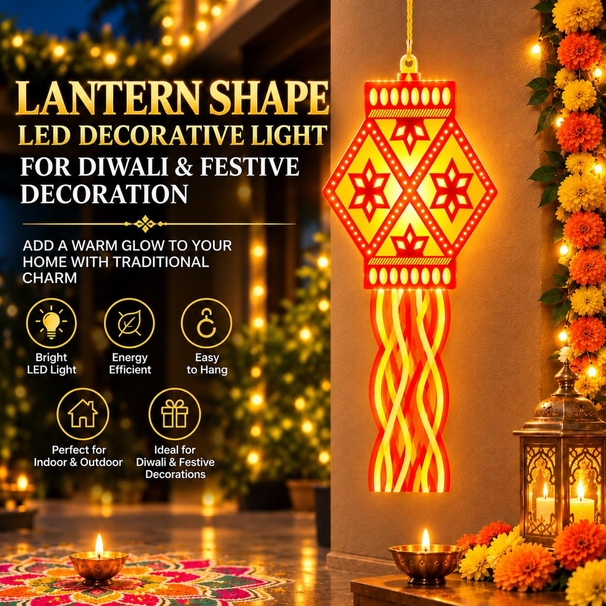 Royal Radiance LED Hanging Lantern – Traditional Golden Glow Decorative Light for Diwali, Home & Festive Decor