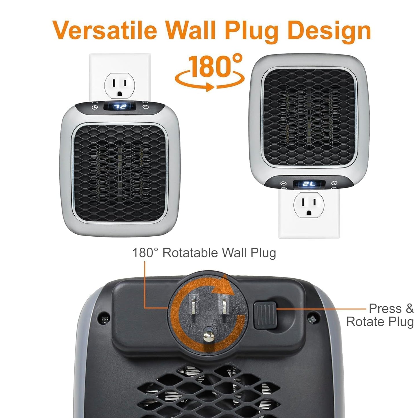 800 Convenient Wall Outlet Heater with Adjustable Thermostat Programmable 12 Hour Timer Auto Shut-Off - Mini Ceramic Heater Quiet and Space Saving