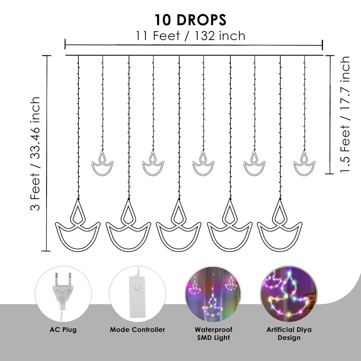 Waterproof Diya Curtain Lights 5+5 Neon Stars