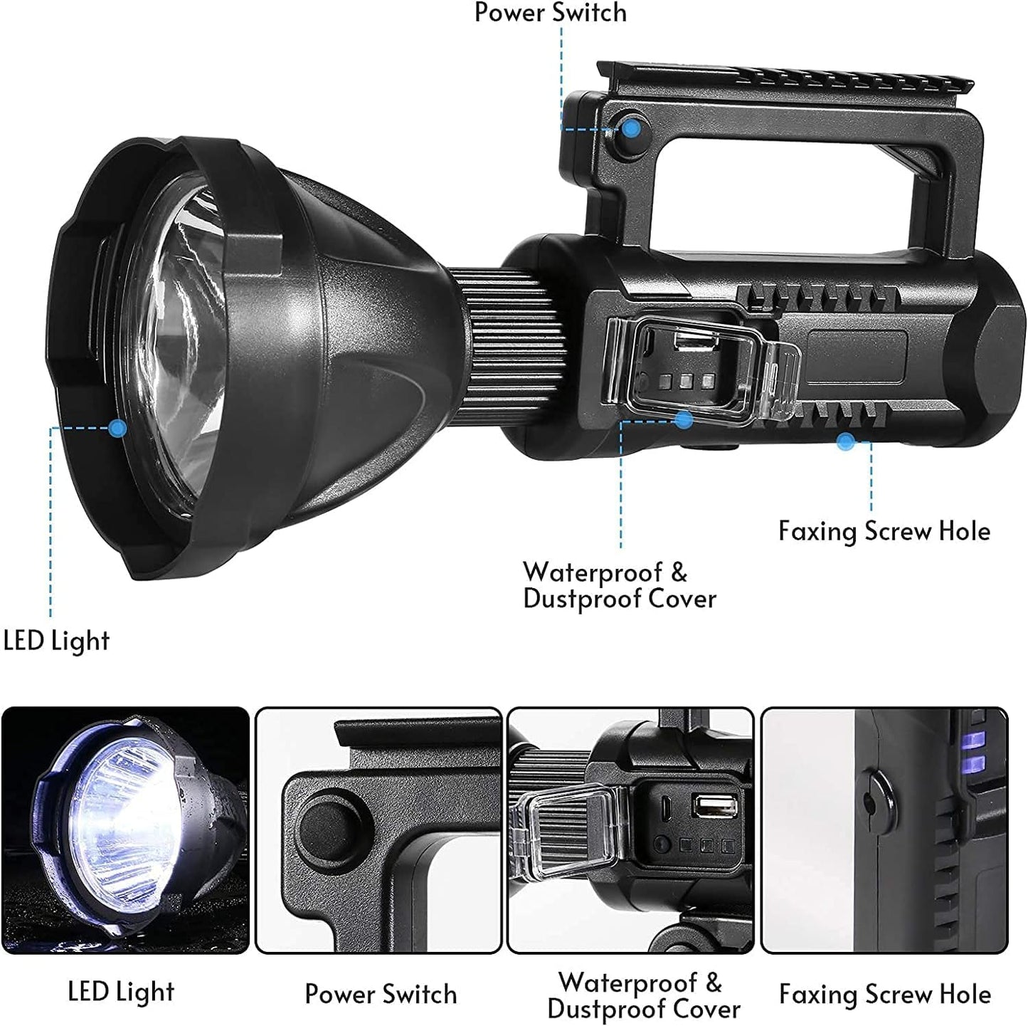 100W Rechargeable LED Multifunctional Searchlight USB Side