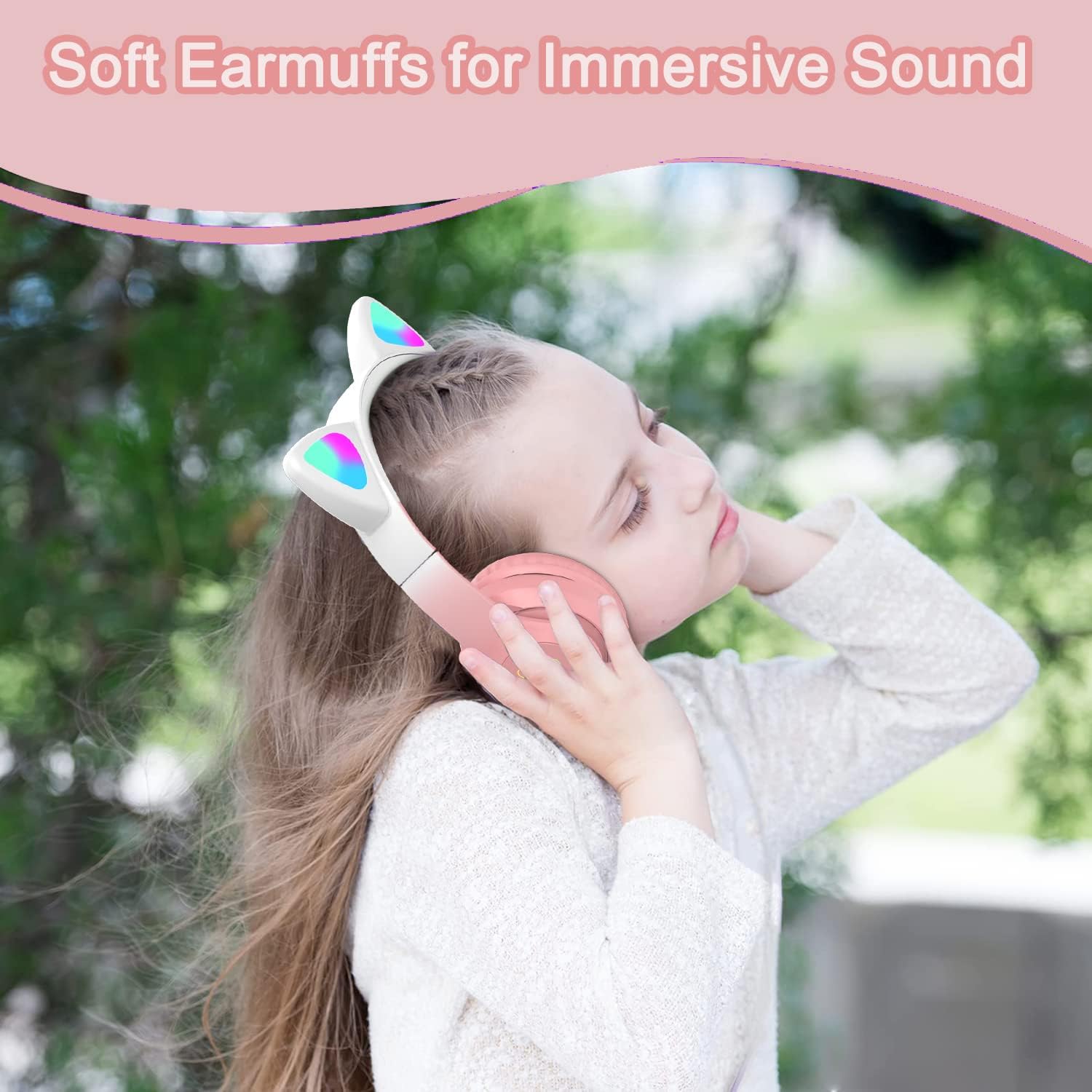 Kids Cat-Ear Bluetooth Headphones (LED, Mic,Wireless)