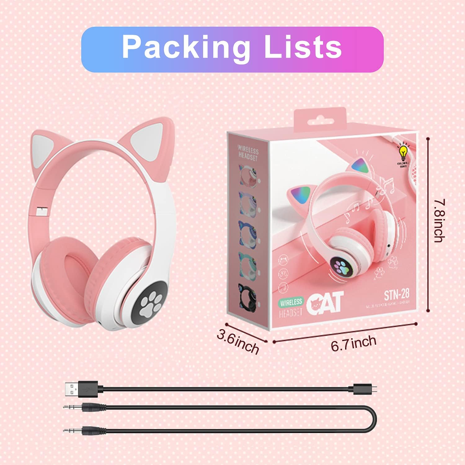 Kids Cat-Ear Bluetooth Headphones (LED, Mic,Wireless)