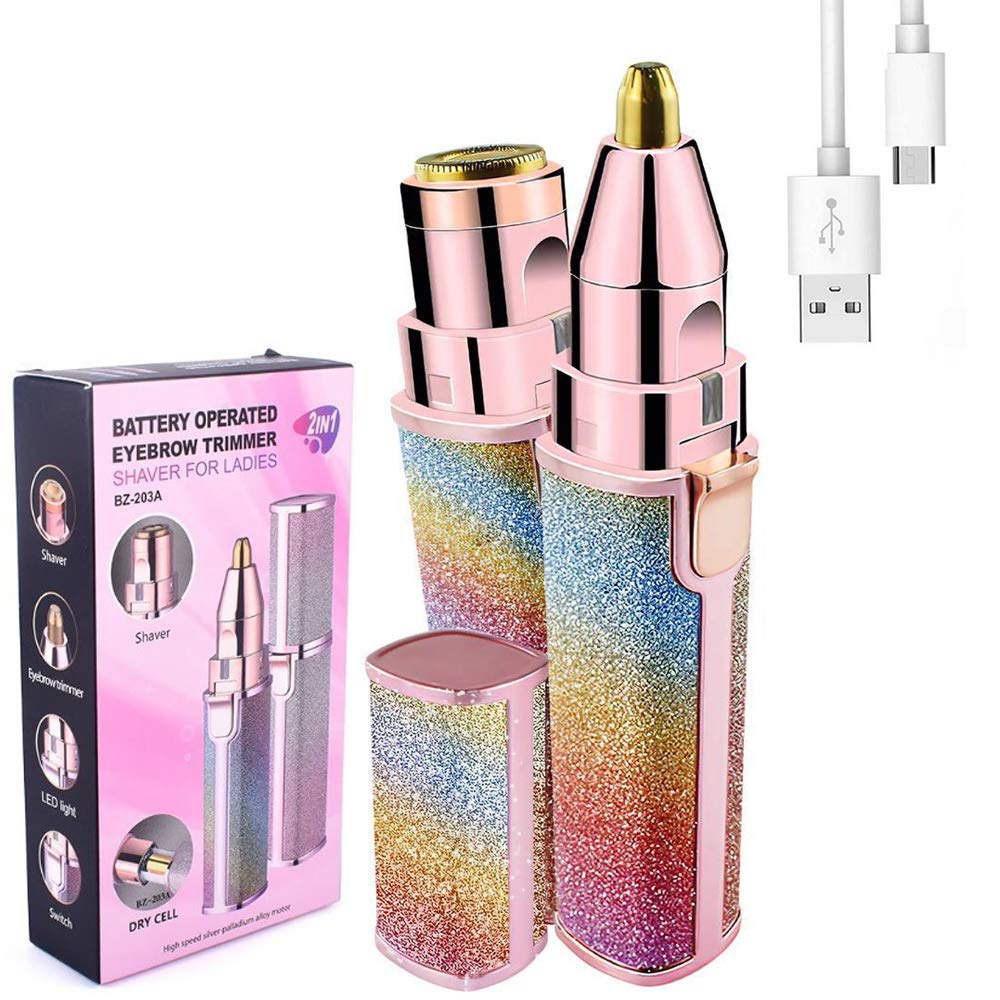 Painless Rechargeable Eyebrow Epilator & Facial Hair Removal Razor for Women, 2 IN 1 Electric Eyebrows Trimmer And Women's Face Hair Remover, Lips Nose Body Hair Shaver With LED Light, White (Blue)