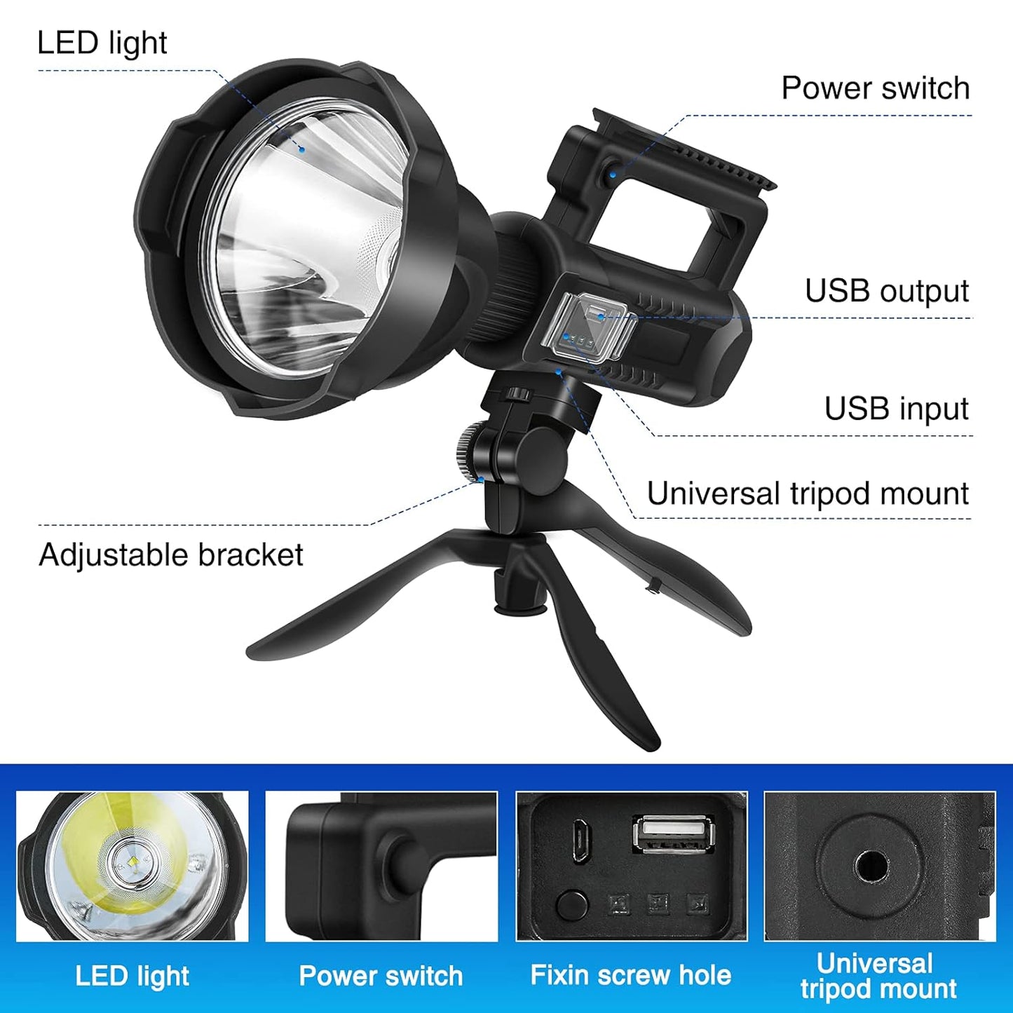 100W Rechargeable LED Multifunctional Searchlight USB Side