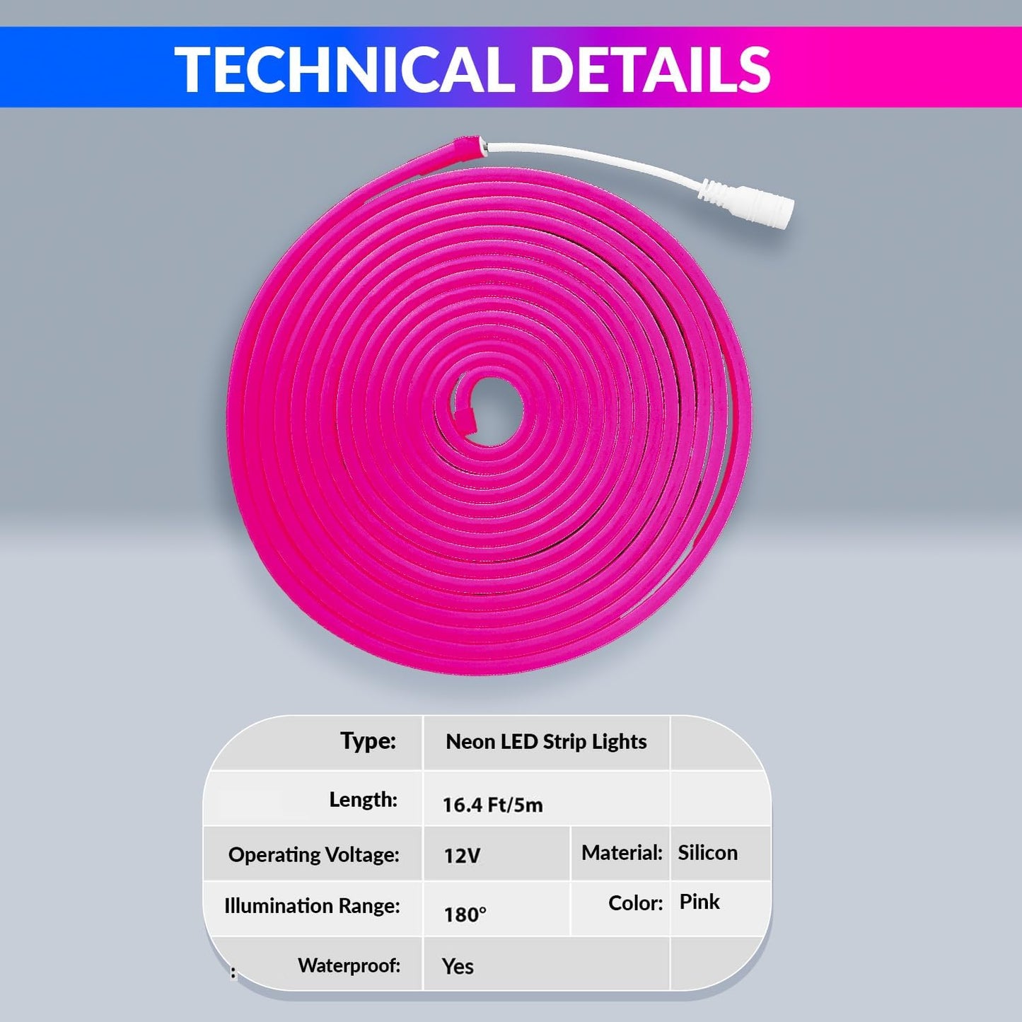 5m Neon LED Strip Light with SMPS & 3A Adapter