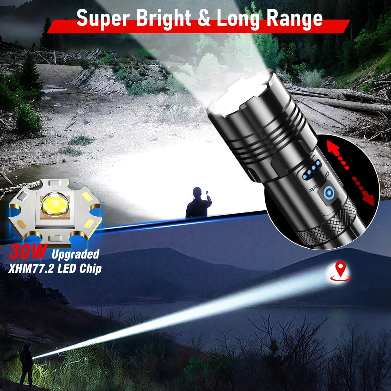 USB Charging LED Flashlight 2000M 9800MaH BATTERY