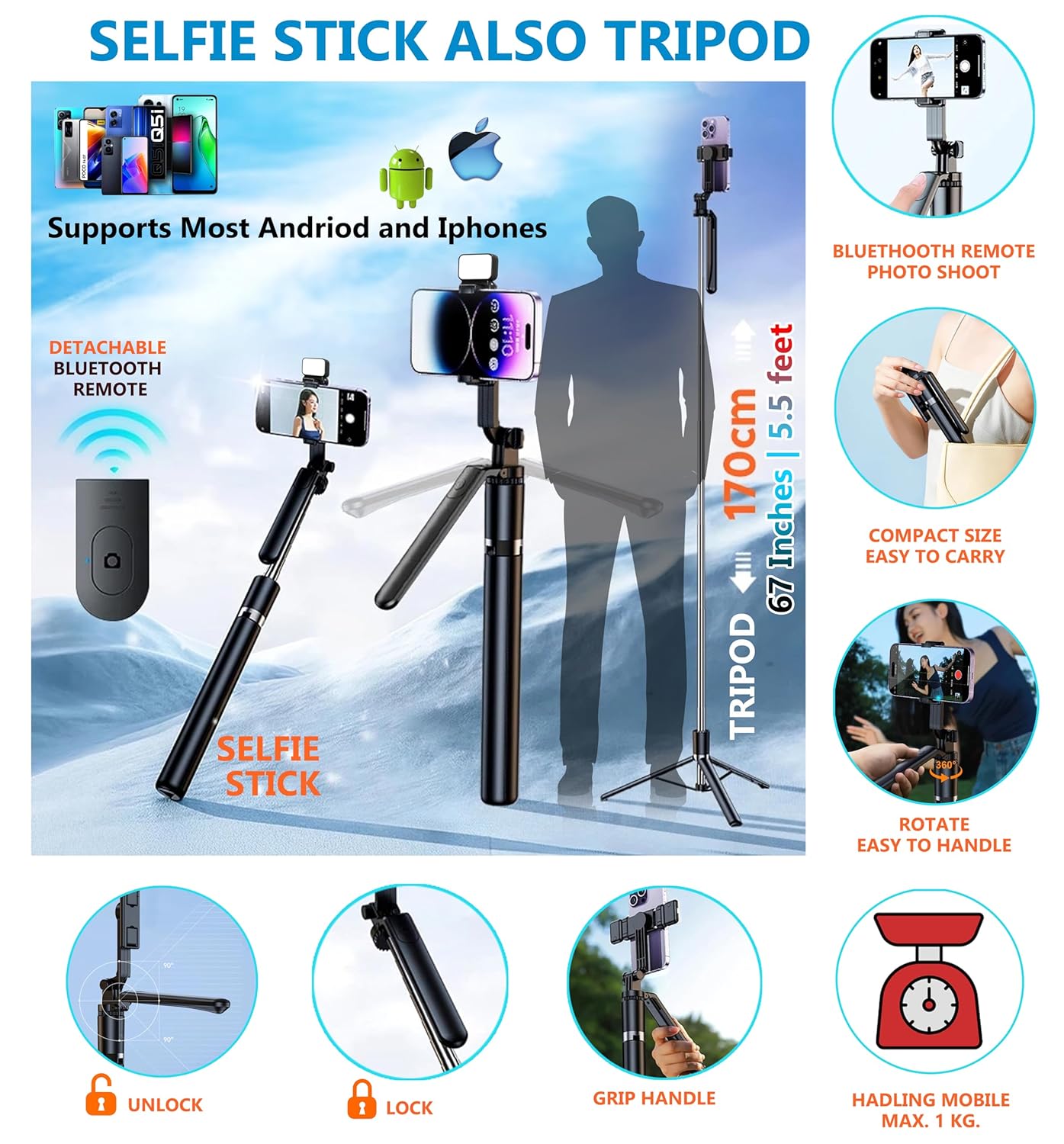 Selfie Stick Mobile Tripod R16S, LED Bright Fill Light, Wireless Bluetooth Remote, 62" Extendable Reinforced Tripod, Antishake 360° Rotating Handle, Multifunction Wide-Angle, Selfie, Vlogs