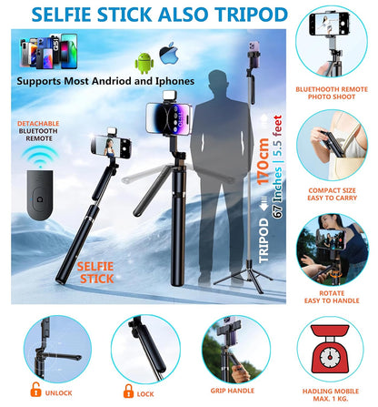 Selfie Stick Mobile Tripod R16S, LED Bright Fill Light, Wireless Bluetooth Remote, 62" Extendable Reinforced Tripod, Antishake 360° Rotating Handle, Multifunction Wide-Angle, Selfie, Vlogs
