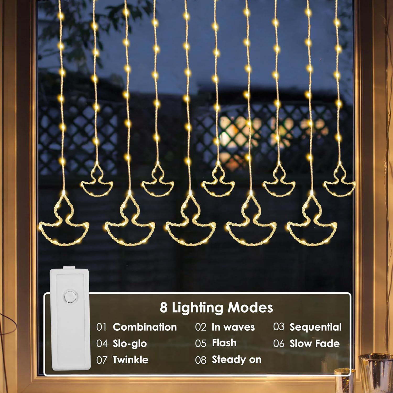 Gesto 10 Diya Curtain Lights – 111 SMD LED Warm White Fairy Lights with 8 Flashing Modes | AC Powered Diya Lights for Home,Balcony,Mandir, Pooja Room,Wedding,Diwali Decoration & Festival Decor (11 Ft)