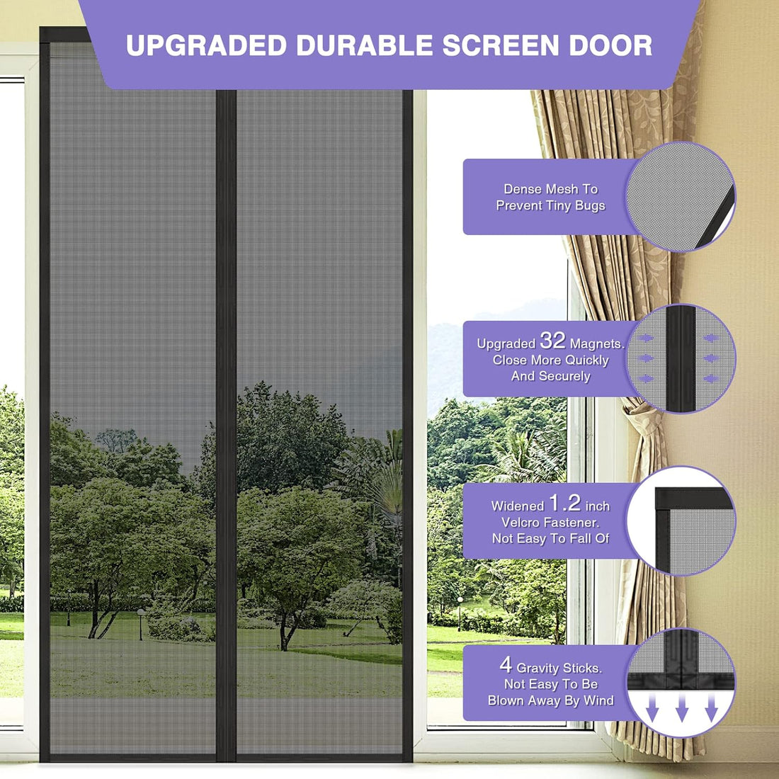 Magnetic Screen Door with Durable Fiberglass Mesh Curtain Fits Door Full Frame Seal Loop Fits Door