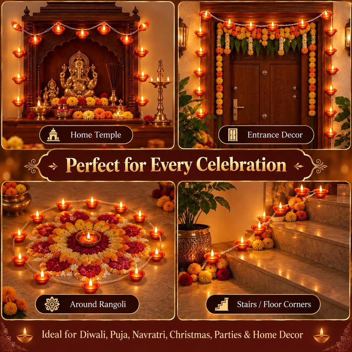 One94Store Brown Diya String Lights 3 Meter | 14 LED Decorative Lights for Diwali, Puja, Navratri, Christmas, Party & Home Décor | Warm White (Pack of 1)
