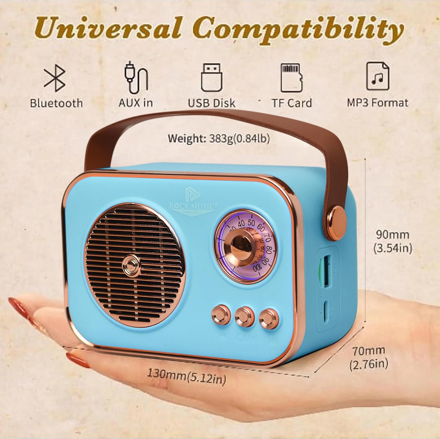 Monrix Retro-Style Bluetooth Speaker with FM Radio | Elegant Rose Gold Accents (Blue)
