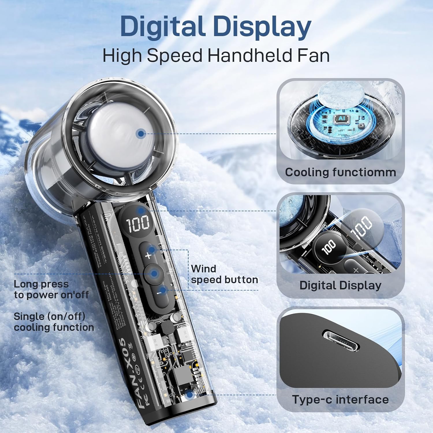 ZYLO Transparent Turbo Fan – Foldable Bladeless Handheld Cooling Fan with Digital Speed Display