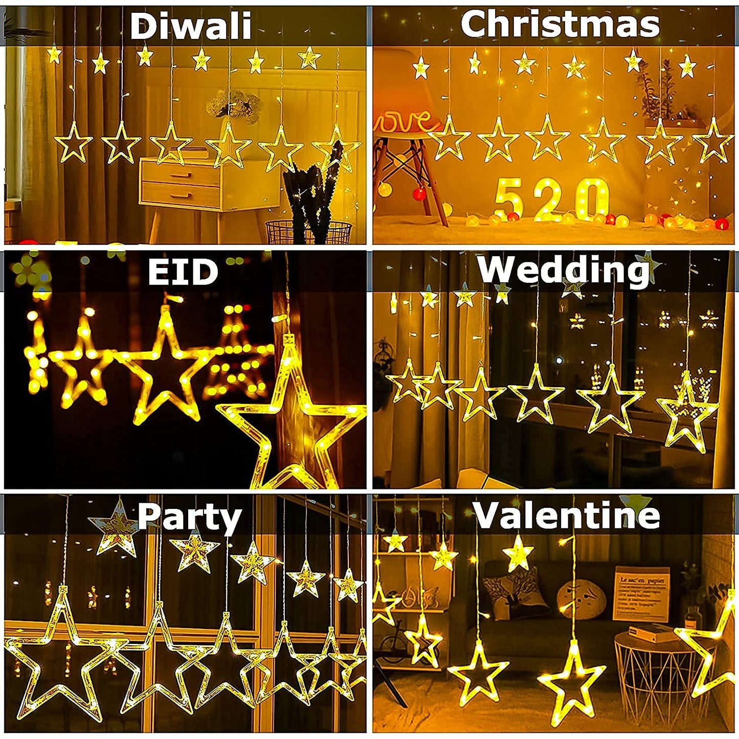 Warm White 6 Star Curtain Lights 2