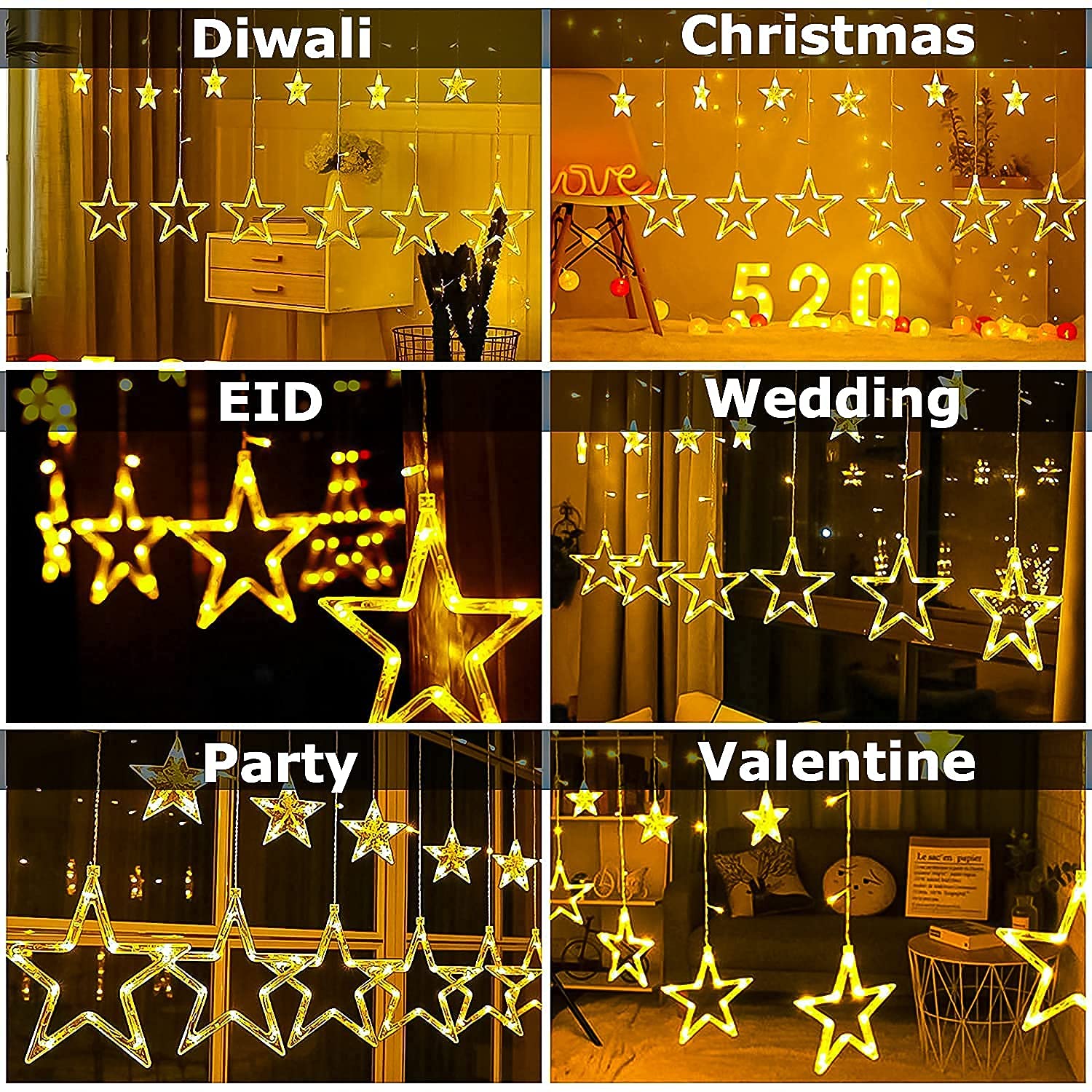 Warm White 6 Star Curtain Lights 2