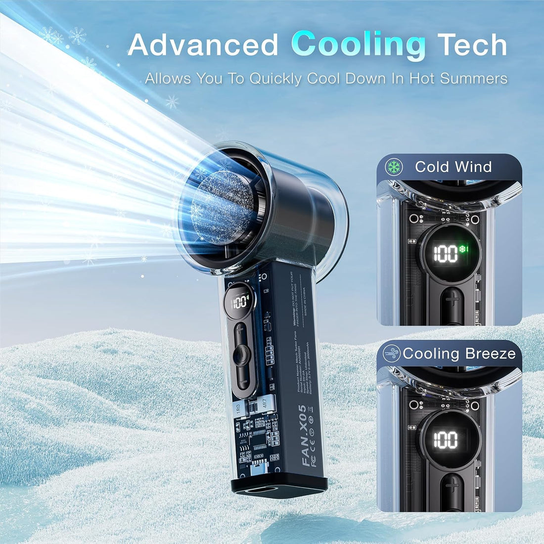 ZYLO Transparent Turbo Fan – Foldable Bladeless Handheld Cooling Fan with Digital Speed Display