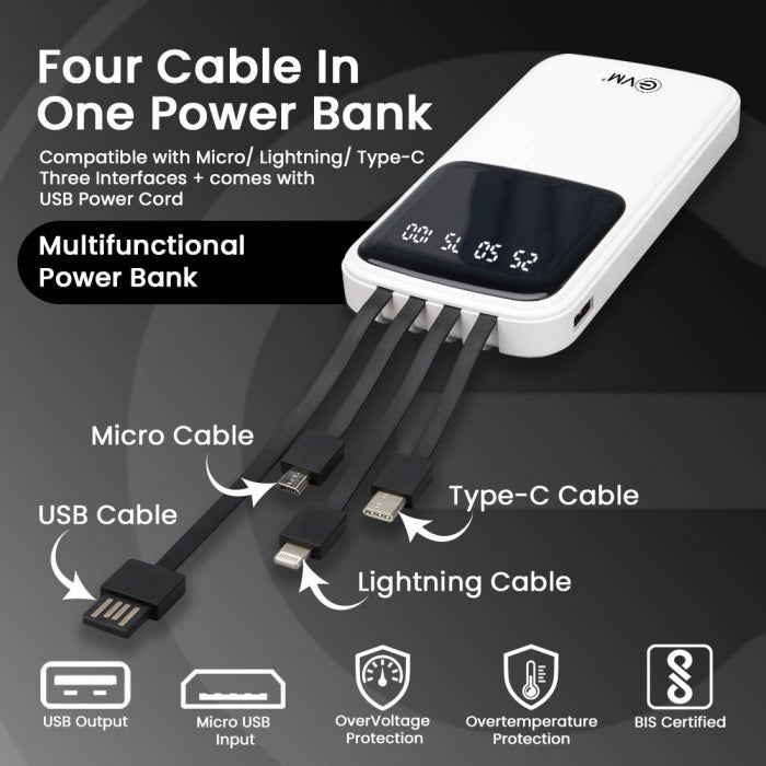 EVM EnCase+ Lithium_Polymer POWER BANK 10,000MAH with in Build 4 Cable USB, Micro USB, Type-C and Lightning Cable, for All Kind of Smartphone and Other Devices - (White)