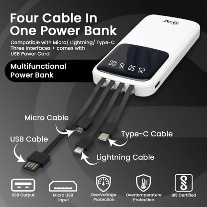 EVM EnCase+ Lithium_Polymer POWER BANK 10,000MAH with in Build 4 Cable USB, Micro USB, Type-C and Lightning Cable, for All Kind of Smartphone and Other Devices - (White)