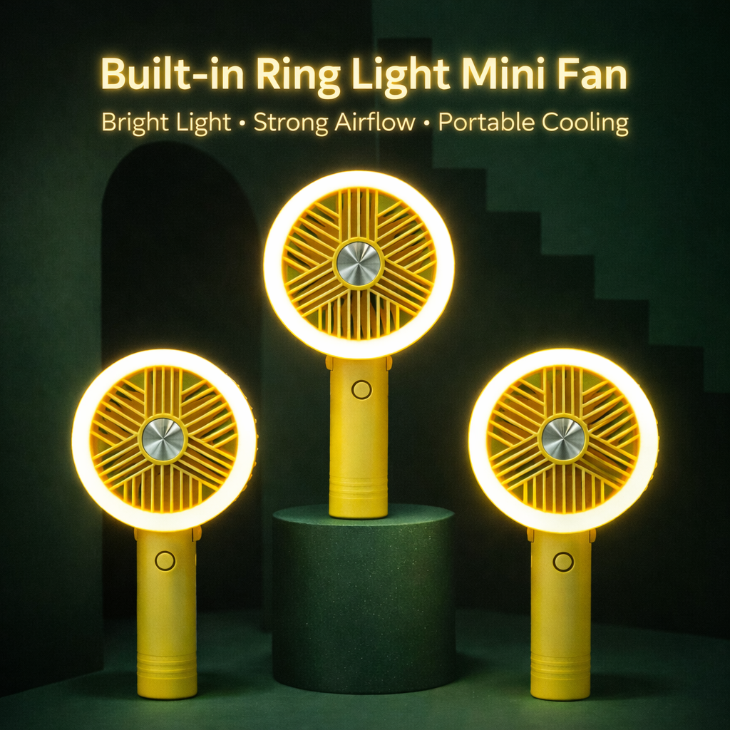GlowBreeze Rechargeable Mini Fan with Ring Light & 3 Speed Cooling for Office, Selfie & Travel