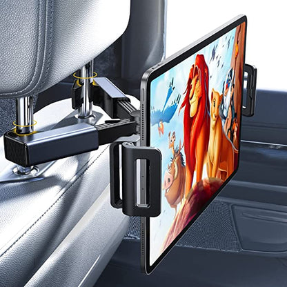 Car Headrest Tablet Mount Holder,[Double Extendable Stick] 360? Rotation iPad Car Holder Back Seat for Tablets, Cell Phone and More 4.7-12.9" Devices, Headrest Posts Width 1.6-6.9"