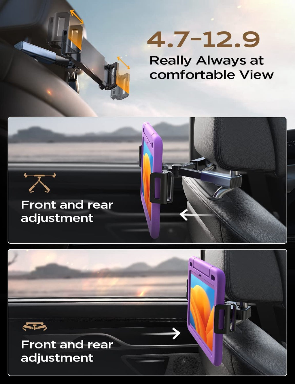 Car Headrest Tablet Mount Holder,[Double Extendable Stick] 360? Rotation iPad Car Holder Back Seat for Tablets, Cell Phone and More 4.7-12.9" Devices, Headrest Posts Width 1.6-6.9"