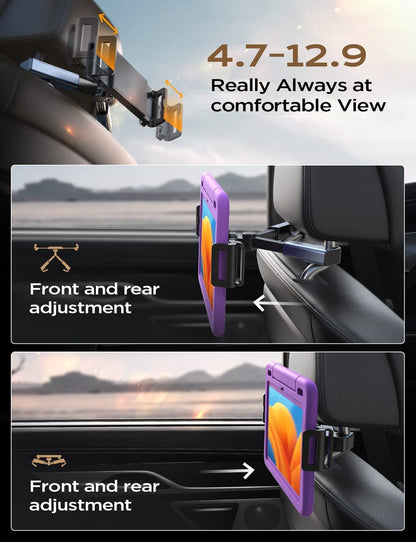 Car Headrest Tablet Mount Holder,[Double Extendable Stick] 360? Rotation iPad Car Holder Back Seat for Tablets, Cell Phone and More 4.7-12.9" Devices, Headrest Posts Width 1.6-6.9"