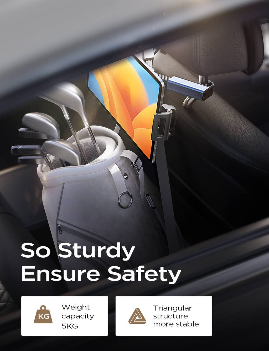 Car Headrest Tablet Mount Holder,[Double Extendable Stick] 360? Rotation iPad Car Holder Back Seat for Tablets, Cell Phone and More 4.7-12.9" Devices, Headrest Posts Width 1.6-6.9"