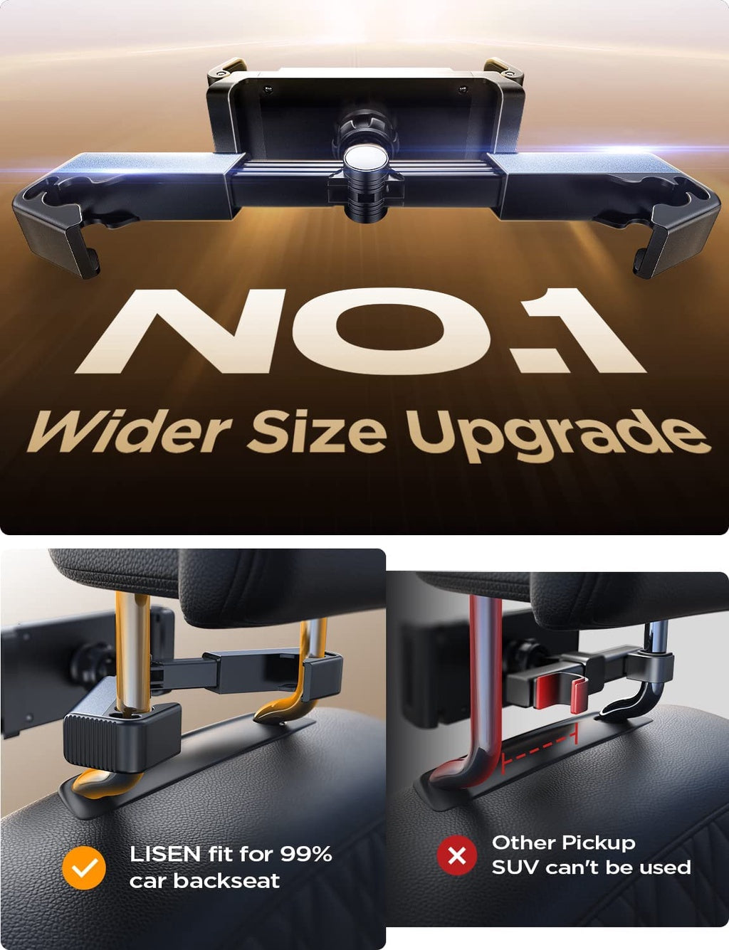 Car Headrest Tablet Mount Holder,[Double Extendable Stick] 360? Rotation iPad Car Holder Back Seat for Tablets, Cell Phone and More 4.7-12.9" Devices, Headrest Posts Width 1.6-6.9"